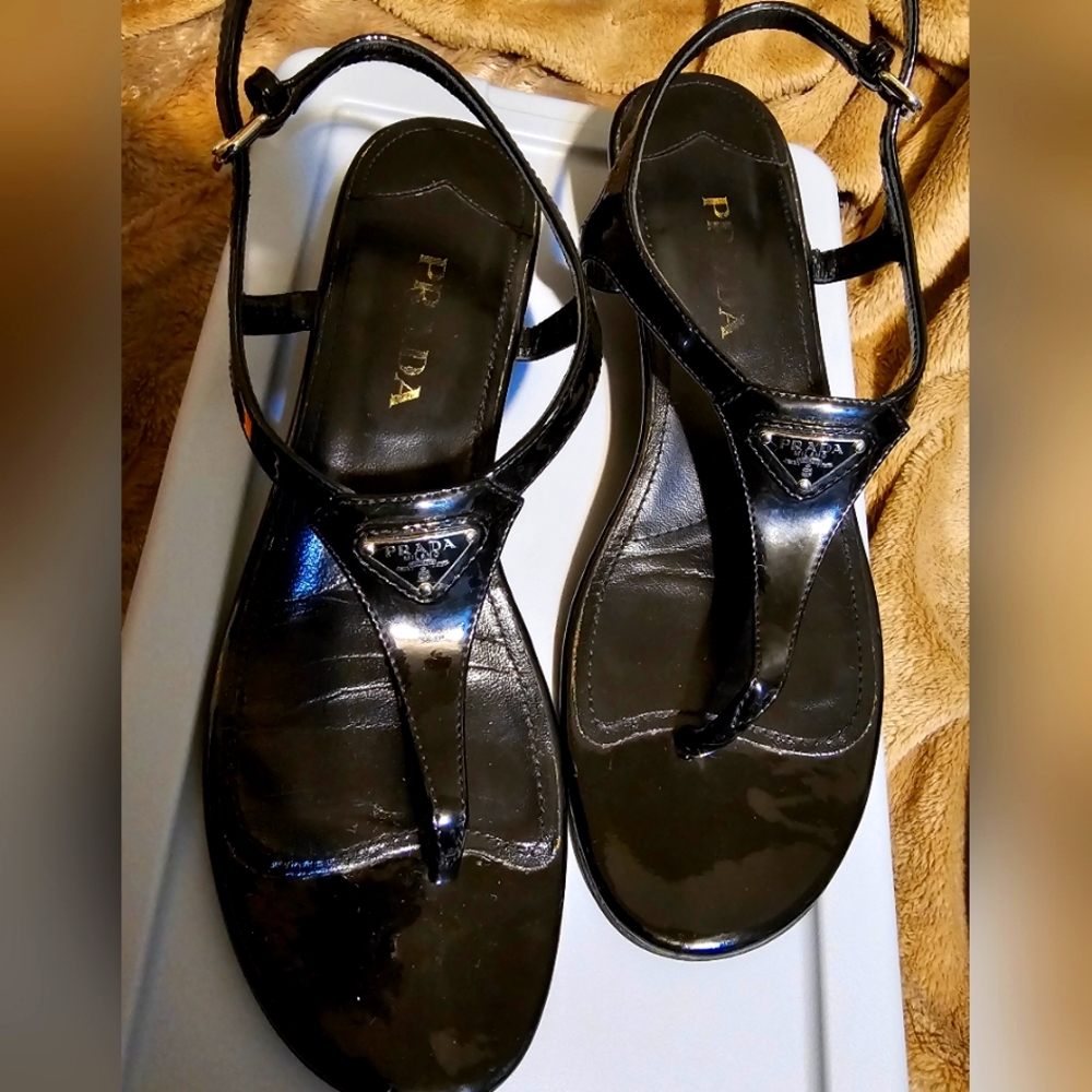 AUTHENTIC PRADA Black sandal wedges size 38 - Picture 2 of 6
